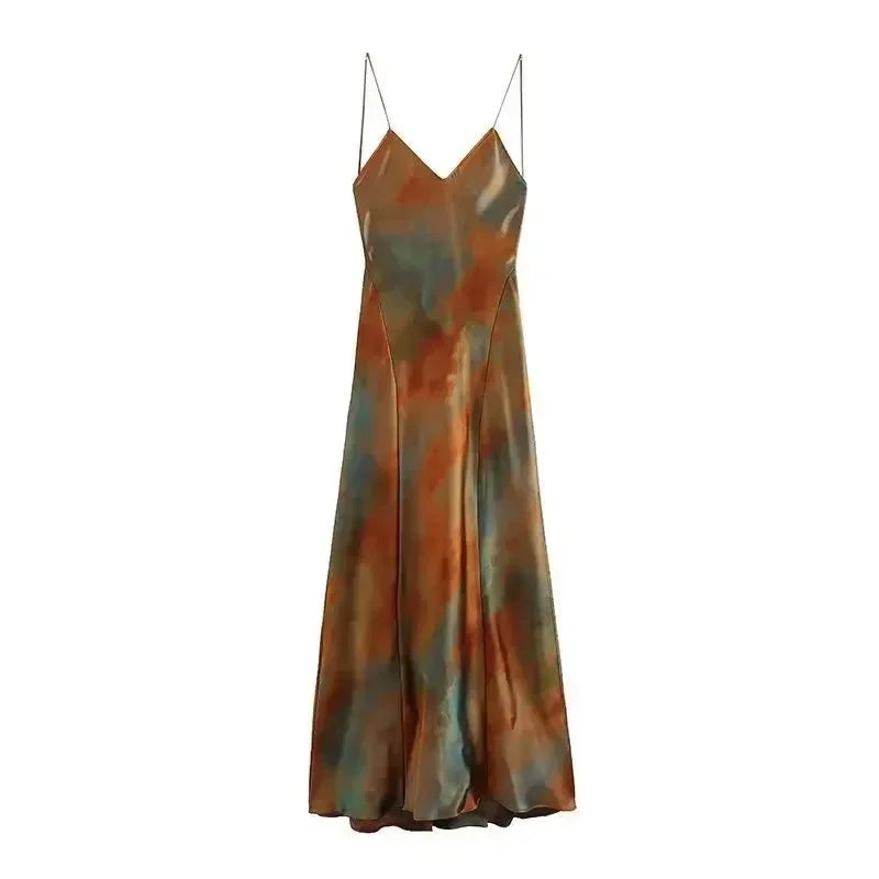 2025 Summer New Women's Open Back Sleeveless Dress Fashion Satin Mid Length Dress Printed Sexy V Neck Sling Dress
