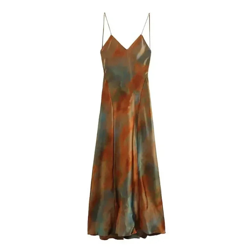 2025 Summer New Women's Open Back Sleeveless Dress Fashion Satin Mid Length Dress Printed Sexy V Neck Sling Dress